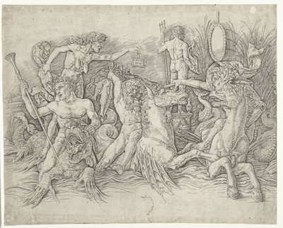 Combat entre satyres chevauchant des hippocampes et vieille femme personnifiant l