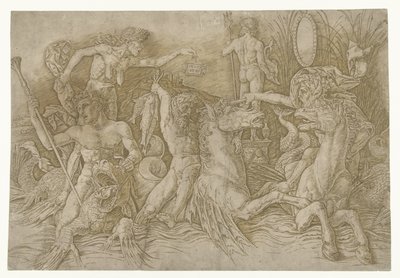 Combat entre satyres chevauchant des hippocampes et vieille femme personnifiant l