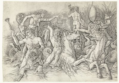 Combat entre des satyres chevauchant des hippocampes et une vieille femme personnifiant l