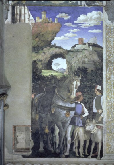Cheval et palefrenier avec chiens de chasse, de la Camera degli Sposi ou Camera Picta, 1465-74 (détail) - Andrea Mantegna
