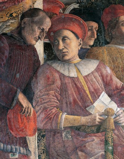 Ludovico Gonzaga et le conseiller Marsilio Andreasi, détail du mur de la cour par Andrea Mantegna, fresque, Château de San Giorgio, Chambre des Époux ou Camera Picta, Mantoue - Andrea Mantegna