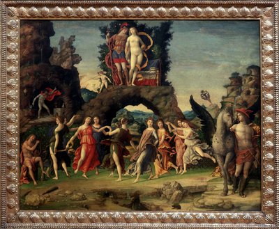 Mars et Vénus ou Le Parnasse. Peinture représentant Mars et Vénus sur le Rocher, Pégase et Mercure, Apollon et les neuf muses Calliope (poésie épique), Clio (histoire), Erato (art lyrique), Euterpe (musique), Melpomène (tragédie), Polymnie (rhétorique), Te - Andrea Mantegna