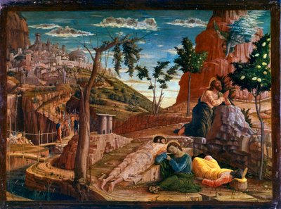 Prière au Jardin des Oliviers. Après la dernière cène, le Christ se rend sur la colline de Gethsémani, qui domine Jérusalem avec les apôtres. Les soldats romains s