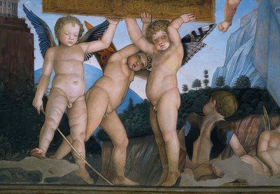 Putti avec ailes de papillon tenant une plaque de dédicace (détail) - Andrea Mantegna