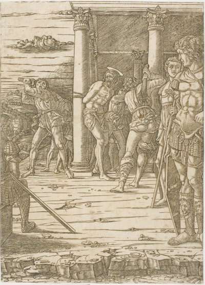 La Flagellation du Christ, avec le paysage en arrière-plan - Andrea Mantegna
