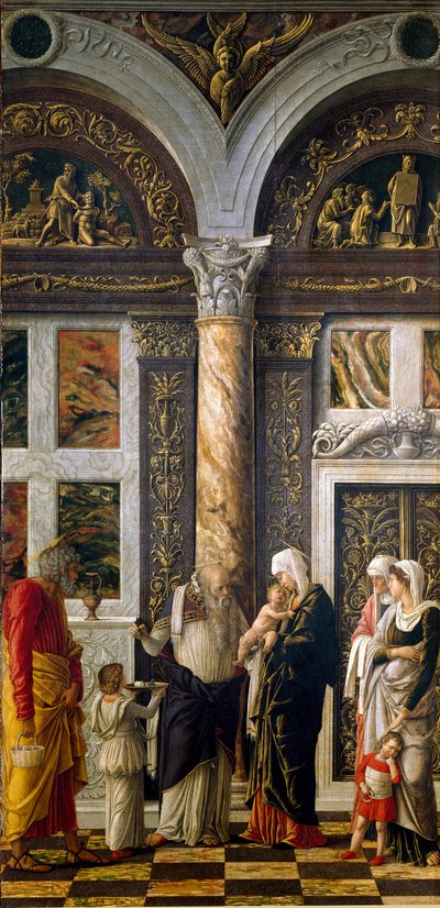 Polyptyque des Offices : « la circoncision » (partie droite). Détrempe sur bois par Andrea Mantegna (1431-1506) 1464-1470. Dim. 86x42,5 cm Florence, Galleria degli Uffizi (Offices) - Andrea Mantegna