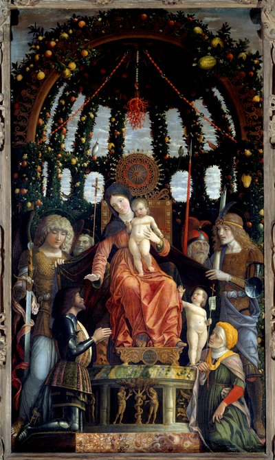 Vierge de la Victoire (Pala della Vittoria) (Madonna della Vittoria). La Vierge Marie est représentée avec Saint Michel, Saint Georges, Saint Longin et Saint André. Le mécène du tableau, le marquis de Mantoue, François II de Gonzague (Francesco II Gonzaga) - Andrea Mantegna