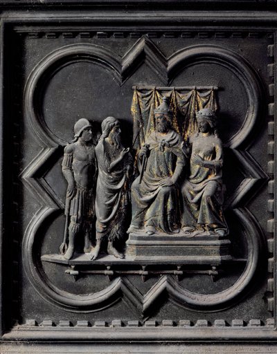 Saint Jean-Baptiste réprimande le roi Hérode (21 av. J.-C.-39 apr. J.-C.), onzième panneau des portes sud du Baptistère de San Giovanni, 1336 - Andrea Pisano