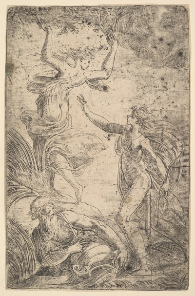 Apollon à droite tenant un arc poursuivant Daphné à gauche - Andrea Schiavone