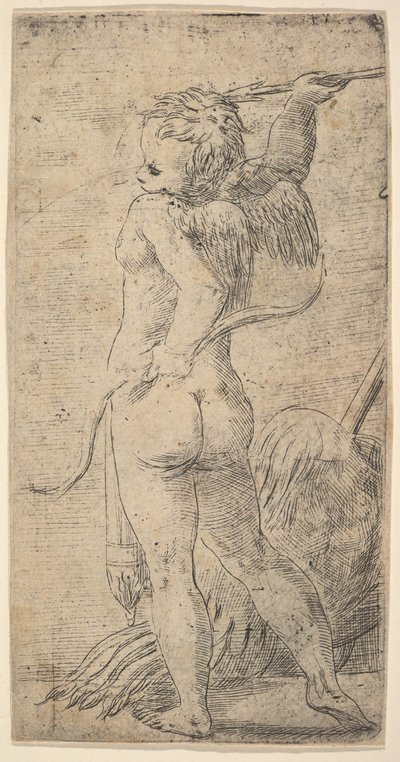 Cupidon vu de dos avec une flèche dans sa main droite levée, vers 1543-45 - Andrea Schiavone