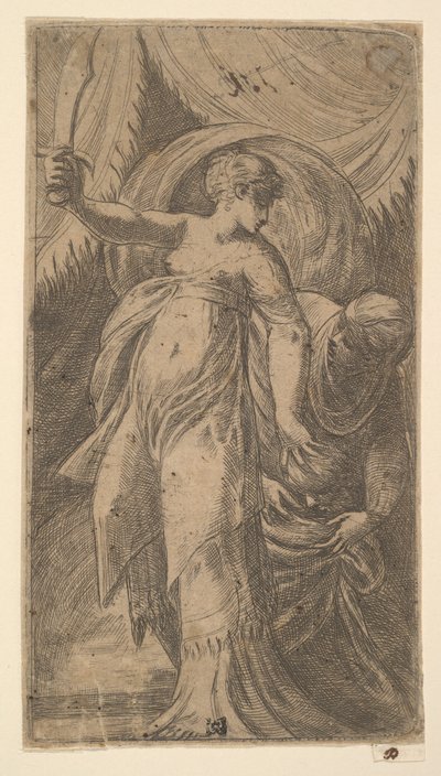 Judith avec son épée levée dans sa main droite et plaçant la tête d