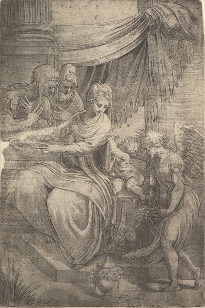 La Sainte Famille, un ange tenant des fleurs approchant par la droite, ca. 1550-53 - Andrea Schiavone