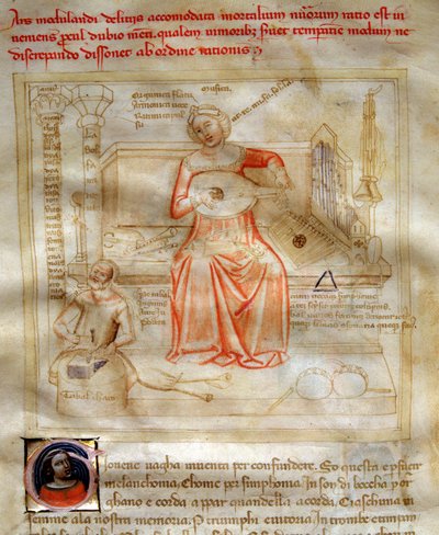 Allégorie de la Musique dans la Chanson des sept Vertus et des sept Arts libéraux destinée à Bruzio Visconti (La Canzone delle Virtù e delle Scienze) par Bartolomeo di Bartoli. Aquarelle d