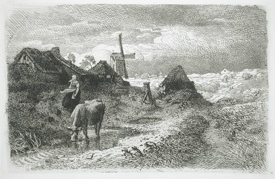 Paysage avec des chaumières et un moulin à vent - Andreas Achenbach