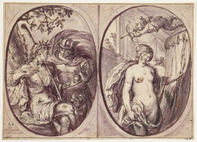 Deux compositions ovales sur une feuille. À gauche, une bergère (Diane ?) assise avec un bâton et un chien à ses côtés. Elle tient une pomme que Mercure en cape semble lui avoir apportée; sur celle-ci est écrit : "Det: pulcherrima". Dans l
