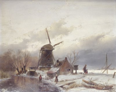 Paysage de rivière gelée avec un moulin à vent - Andreas Schelfhout