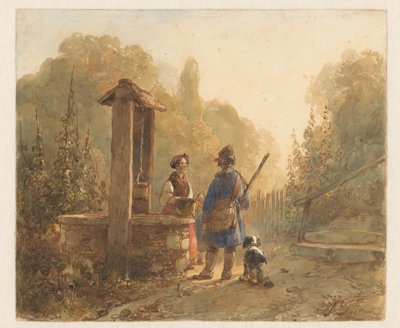 Chasseur parlant à une paysanne près d