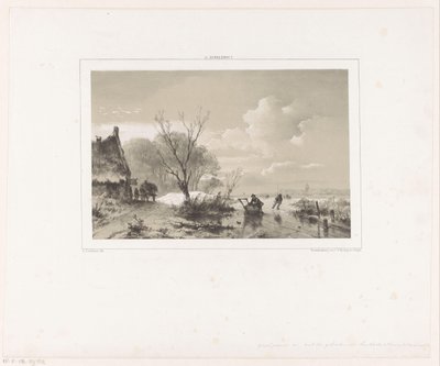 Patineurs et homme avec traîneau sur rivière gelée - Andreas Schelfhout