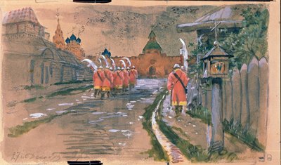 Patrouille de strelets à la porte Ilyinsky dans le vieux Moscou - Andrei Petrovich Ryabushkin