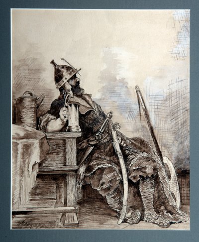 Représentation du héros russe médiéval Bogatyr, chevalier errant. Aquarelle de Andrei Petrovich Riabouchkine (Ryabushkin) (1861-1904) 1893 Dim 29,7x26,7 cm Regional Art Gallery, Perm - Andrei Petrovich Ryabushkin