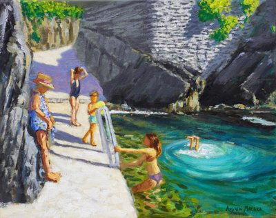 Baignade dans la piscine de la mer, Cinque Terre, Italie, 2024 (huile sur toile) - Andrew Macara