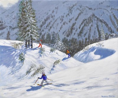 Trois skieurs, Kitzbuehel, Autriche, 2024 (huile sur toile) - Andrew Macara