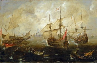 Manœuvre entre navires britanniques (à droite) et espagnols, les bateaux se rapprochant, semblant lourdement chargés, probablement de soldats - Andries van Eertvelt