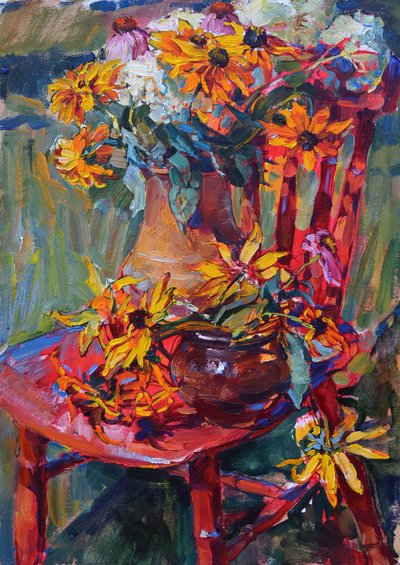 Fleurs jaunes, chaise rouge - Andrii Kutsachenko