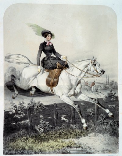 Un jeune cavalier en amazone sautant une barrière (lithographie) - Ange Louis Janet