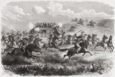 Les Indiens attaquent une diligence transcontinentale en 1867, illustration de 