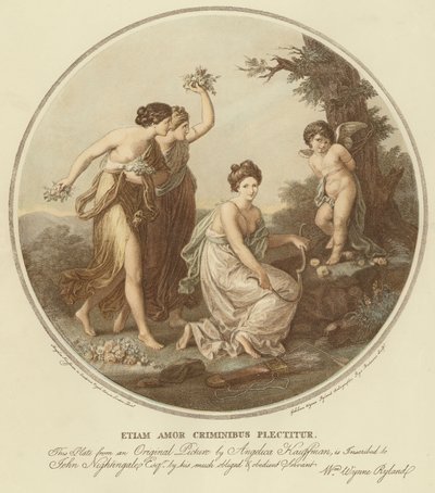 Deux nymphes se moquent de Cupidon attaché à un arbre (lithographie en couleur) - Angelica (after) Kauffmann