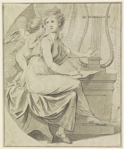 Amour inspire une jeune femme, qui pince une lyre d