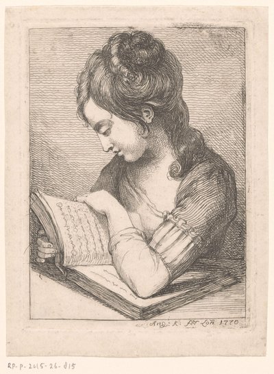 Jeune femme lisant à une table, son coude reposant sur un livre - Angelica Kauffmann