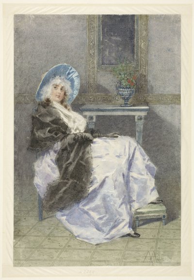 Jeune femme assise avec un châle noir et une jupe violette - Angelo Achini