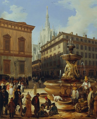 Vue de rue à Milan, avec la cathédrale en arrière-plan - Angelo Inganni