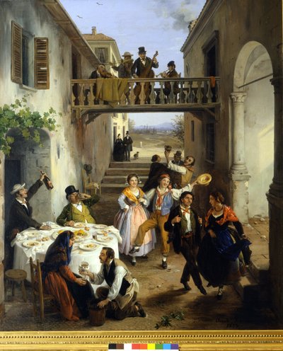 Dîner de mariage dans la cour. Peinture d