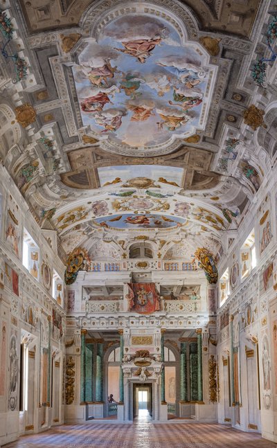 Plafond de la salle avec les quartiers de Bologne, Salle des Gardes, Palais Ducal d