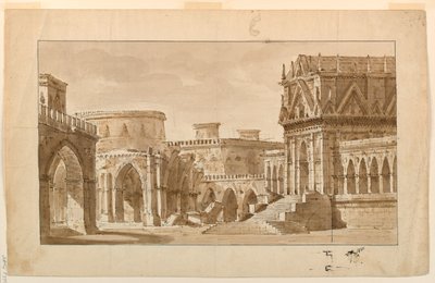 Décor de scène, palais gothique, église et forteresse - Angelo Toselli