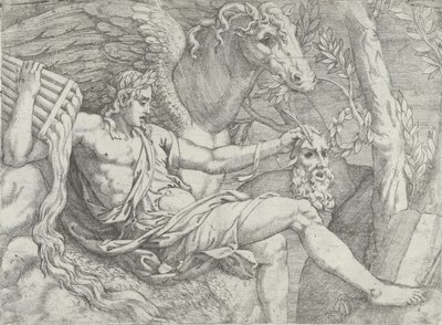 Apollon tenant des pipes dans sa main droite accompagné de Pégase, 1556-60 - Angiolo Falconetto