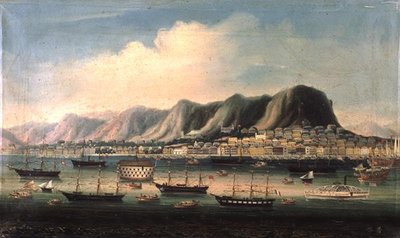 Vue de Hong Kong, avec un hulk de prison et un bateau à vapeur à aubes dans le port - Anglo Chinese School
