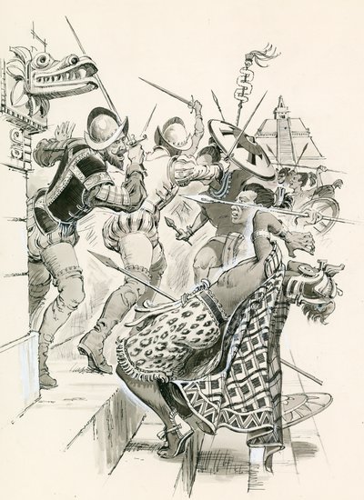 Cortès résistant à une attaque aztèque - Angus McBride