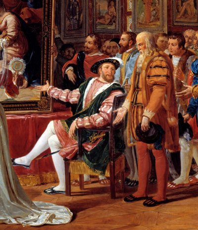 Détail de la peinture : Le siècle de François 1er : François 1er roi de France reçoit à Fontainebleau la peinture de la Sainte Famille, envoyée de Rome par Raphaël (Raffaello Sanzio peintre italien) en hommage à sa gratitude. Léonard de Vinci - Anicet Charles Gabriel Lemonnier