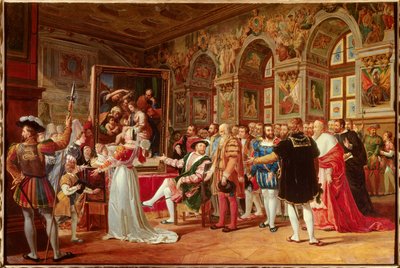 Le siècle de François 1er : François 1er Roi de France reçoit la peinture de la Sainte Famille à Fontainebleau, envoyée de Rome par Raphaël en hommage à sa gratitude - Anicet Charles Gabriel Lemonnier