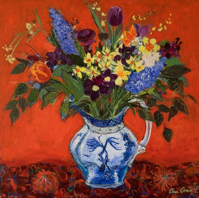 Fleurs de printemps sur fond rouge, 2017 - Ann Oram