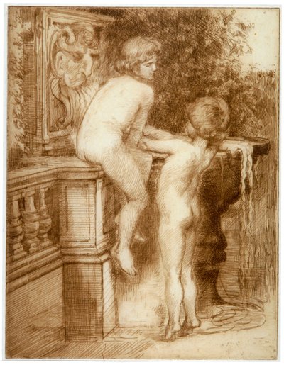 Deux garçons à une fontaine d