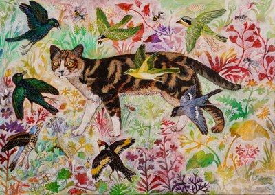 Tabby et les oiseaux, 2019 (acrylique) - Anna Pugh