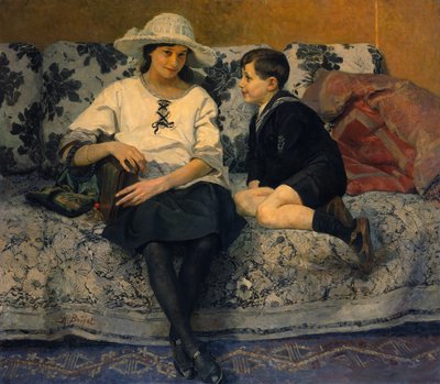 Une jeune fille et un jeune garçon sur un canapé - Anne Marie Henriette Brejat