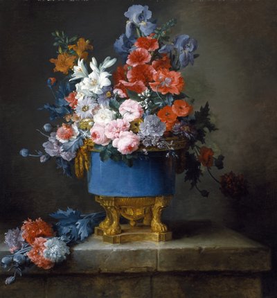 Bouquet de fleurs dans un vase en porcelaine bleue - Anne Vallayer Coster