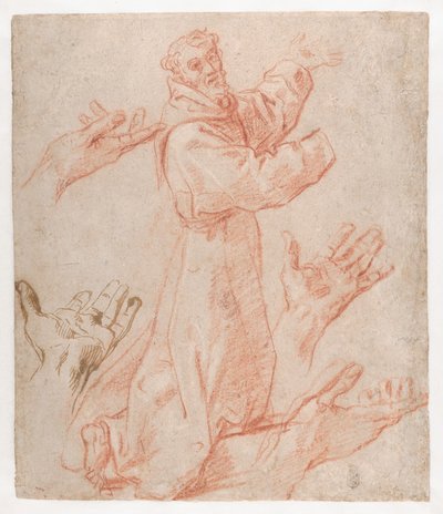 Carracci - Études pour une figure de saint François agenouillé en vue trois-quarts et pour ses mains (recto), 1583-85 - Annibale Carracci