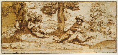 Flötenspielender Amor und Silenus in einer arkadischen Landschaft - Annibale Carracci